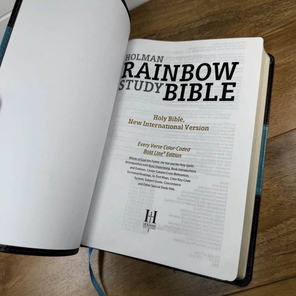 NIV Holman Rainbow Study Bible LeatherTouch Saddle Brown Turquoise Maps EUC